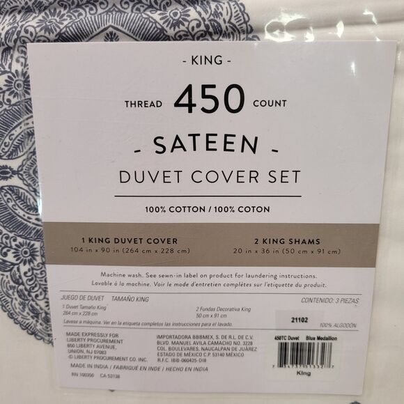 Sateen King 450 Thread Count Cotton Duvet Cover Set Blue Medallion - Picture 3 of 8